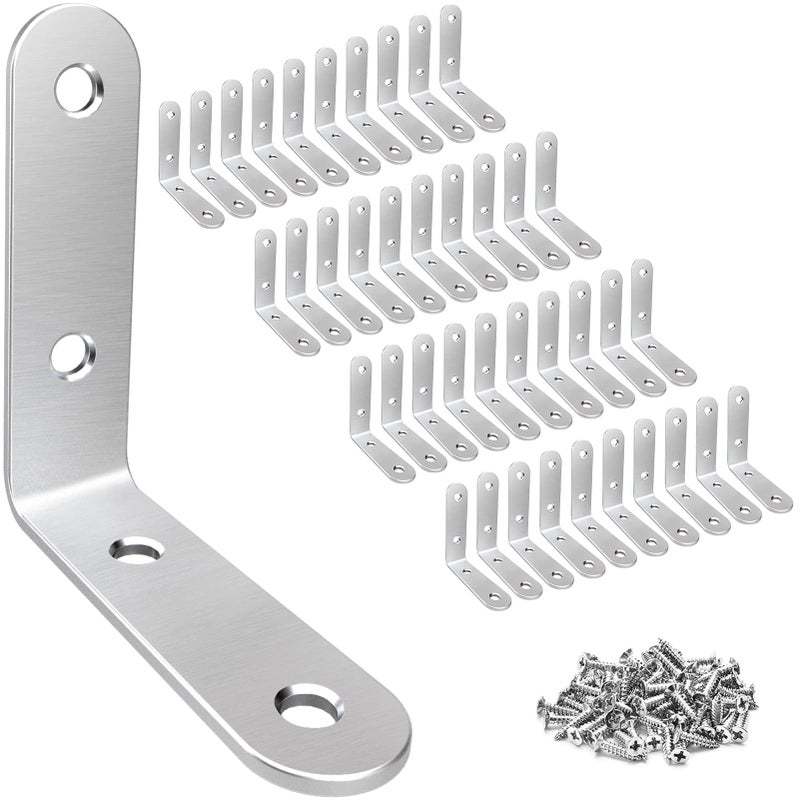 LuckIn 40 Pcs L Bracket Stainless Steel Corner Brace Sets, 90 Degree Right Angle Shelf Brackets with Screws for Wood Furniture, Chairs, Table, 50mm x 50mm, Silver, 2 Inch - Image 1